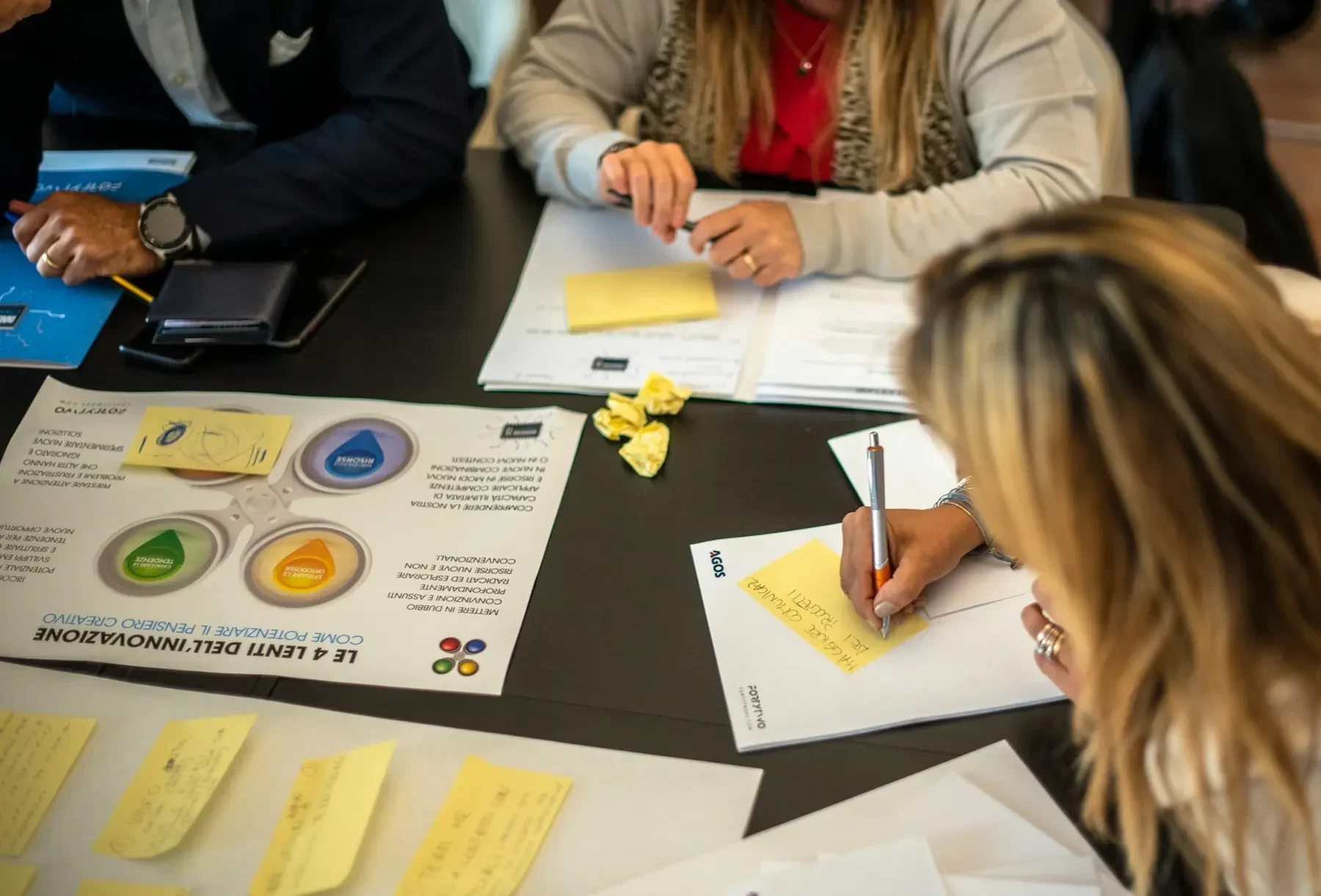 Händer runt ett bord med gula lappar, papper och pennor under en workshop, inga ansikten syns.